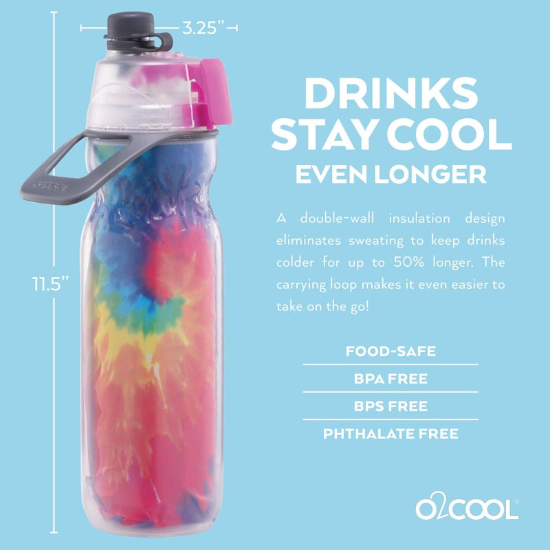 O2COOL Mist 'N Sip Misting Water Bottle 2-in-1 Mist And Sip Function With No Leak Pull Top Spout Reusable Sports Water Bottle - 20 oz (2 Pack Tie Dye) - Image 2